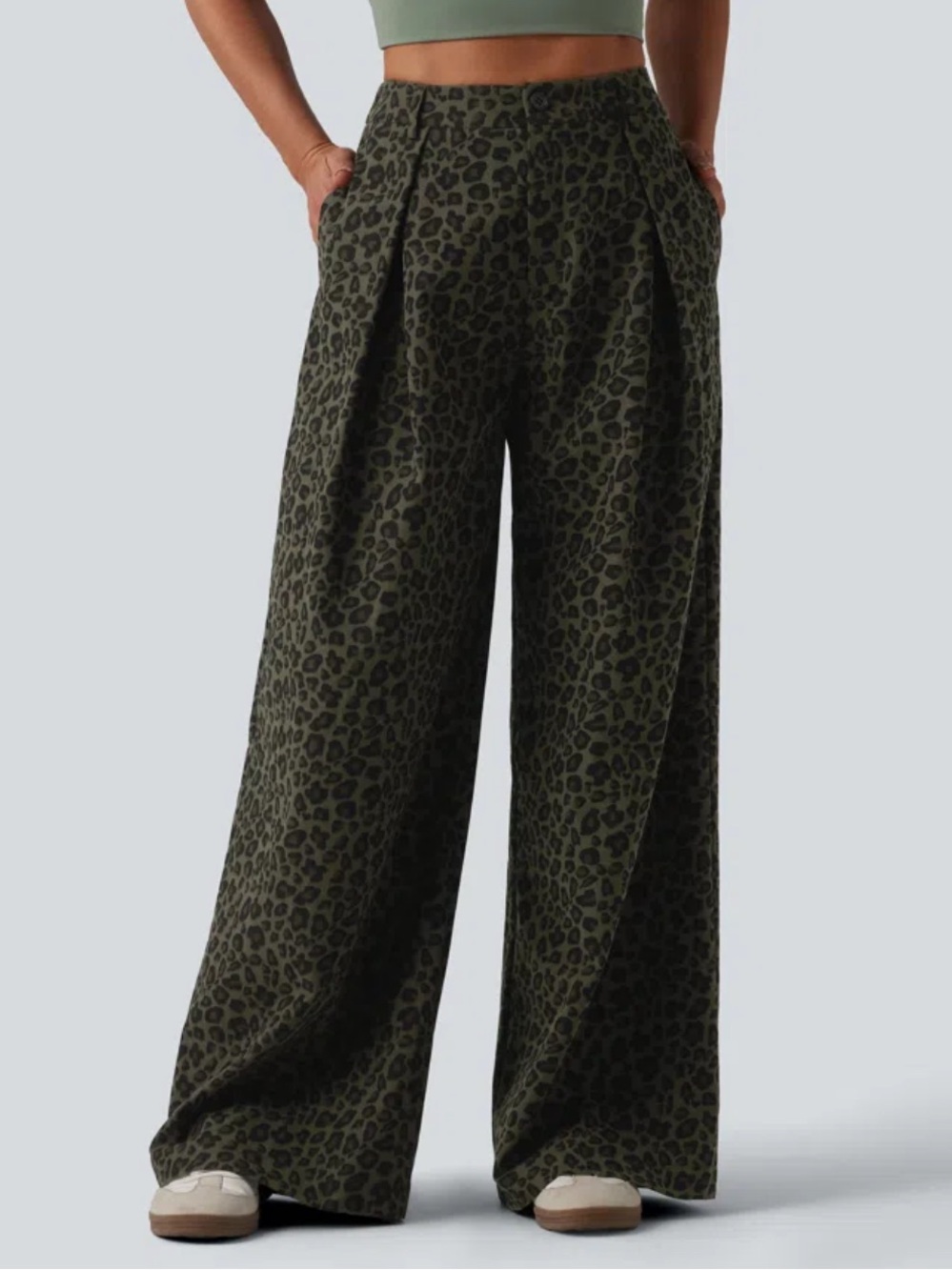 Halara Mid Rise Wide Leg Baggy Leopard Print Pants Olive Large